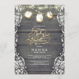 Invitación Rustic Wood Lace Mason Jar Lights Baby Shower