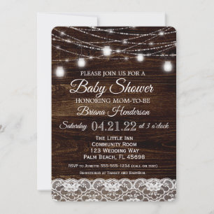 Invitación Rustic Wood Lace Mason Jar Lights Baby Shower