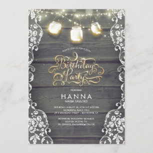 Invitación Rustic Wood Lace Mason Jar Lights Birday Party