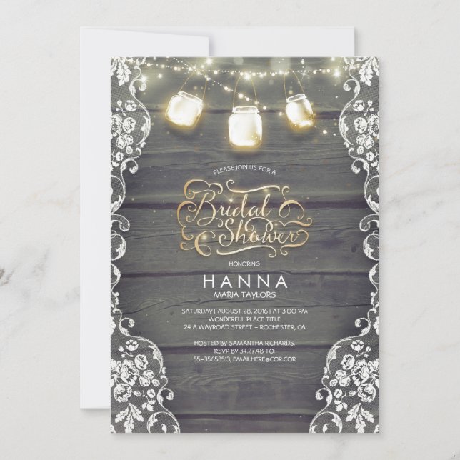 Invitación Rustic Wood Lace Mason Jar Lights Brights Shower (Anverso)