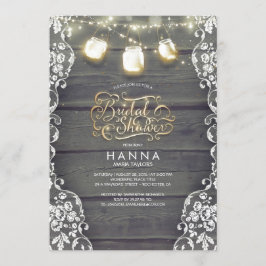 Invitación Rustic Wood Lace Mason Jar Lights Brights Shower