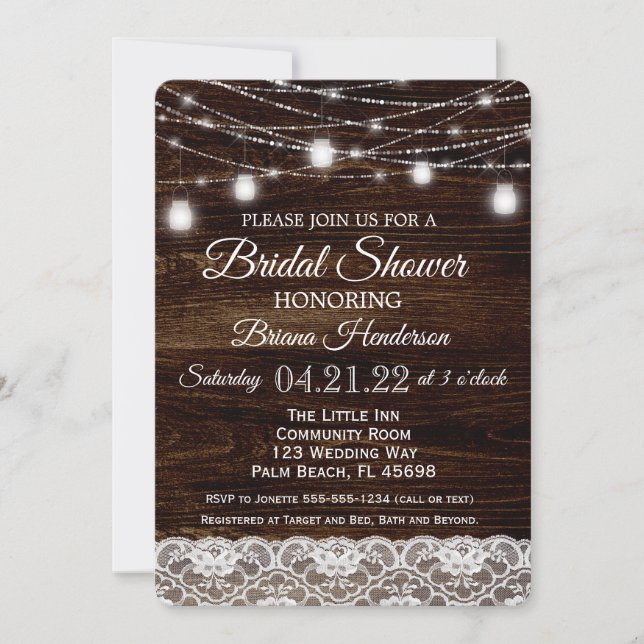 Invitación Rustic Wood & Lace Mason Jar Lights Brights Shower (Anverso)