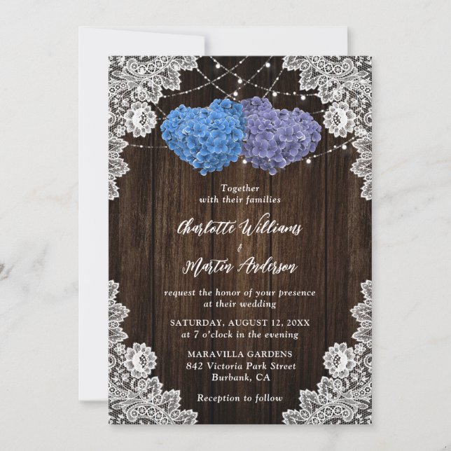 Invitación Rustic Wood Lace Purple and Blue Floral Wedding (Anverso)