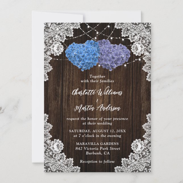 Invitación Rustic Wood Lace Purple and Blue Floral Wedding (Anverso)
