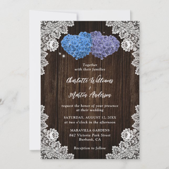 Invitación Rustic Wood Lace Purple and Blue Floral Wedding (Anverso)