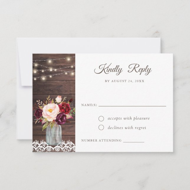 Invitación Rustic Wood Lace Rubor Burgundy Mason Jar RSVP (Anverso)