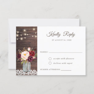 Invitación Rustic Wood Lace Rubor Burgundy Mason Jar RSVP