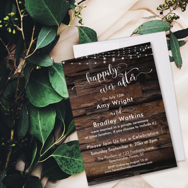 Invitación Rustic Wood Light Strings Happily Ever After (Subido por el creador)