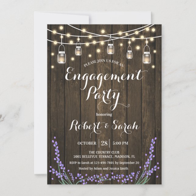 Invitación Rustic Wood Lights Lavender Engagement Party (Anverso)
