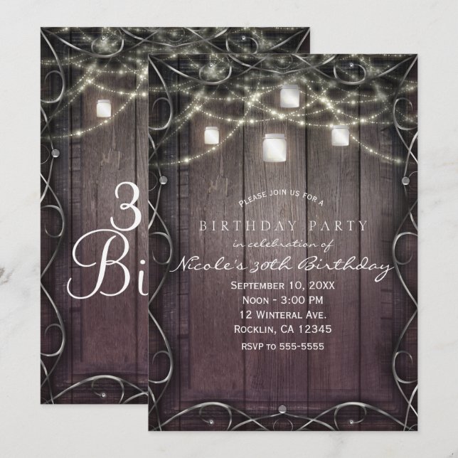 Invitación Rustic Wood Lights & Mason Jars Florecen Cumpleaño (Anverso / Reverso)