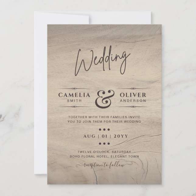 Invitación Rustic Wood look Typography Budget Boda (Anverso)