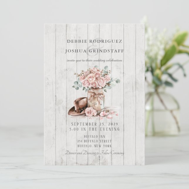 Invitación Rustic Wood Mason Jar Floral Wedding Invitation  (Anverso de pie)