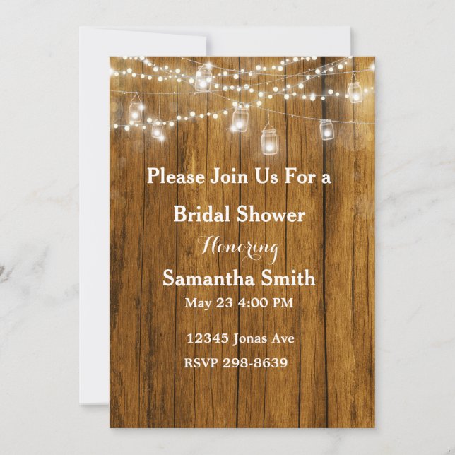 Invitación Rustic Wood Mason Jar Hanging Lights Bridal Shower (Anverso)