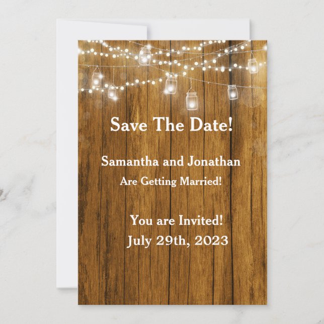 Invitación Rustic Wood Mason Jar Hanging Lights Save The Date (Anverso)