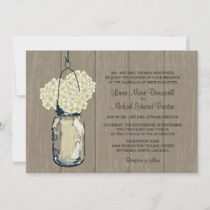 Invitación Rustic Wood Mason Jar Hydrangeas Boda