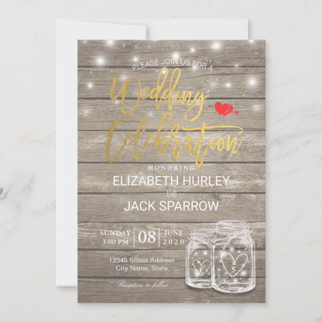 Invitación Rustic Wood Mason Jar String ilumina ducha de matr (Anverso)