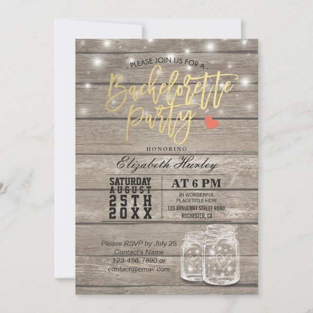 Invitación Rustic Wood & Mason Jar String Lights Bachelorette (Anverso)