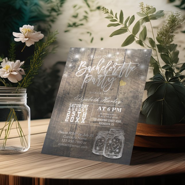 Invitación Rustic Wood & Mason Jar String Lights Bachelorette (Subido por el creador)