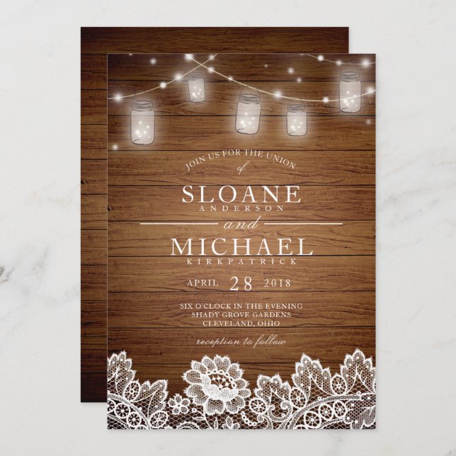 Invitación Rustic Wood Mason Jar String Lights Lace Boda (Anverso / Reverso)