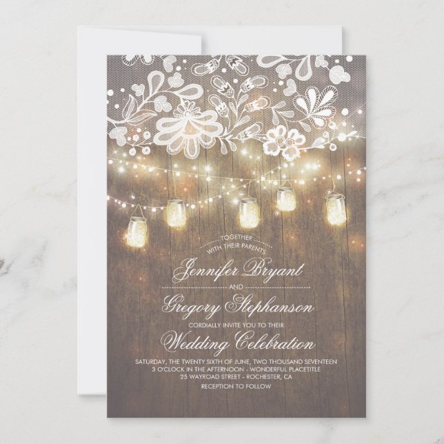 Invitación Rustic Wood Mason Jar String Luces Fall Wedding (Anverso)