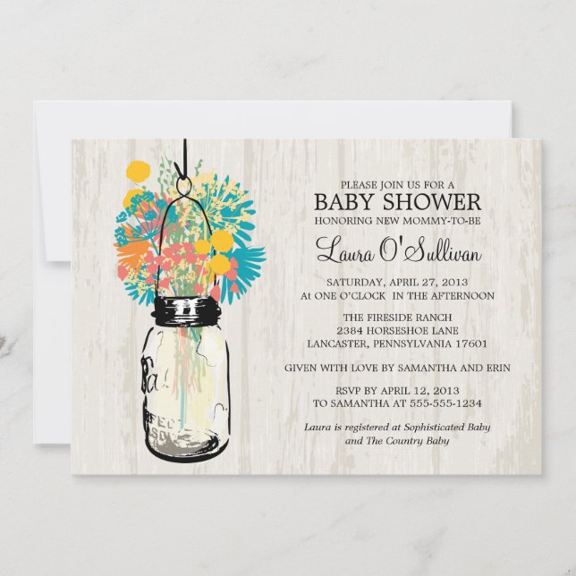 Invitación Rustic Wood Mason Jar Wildflowers Baby Shower (Anverso)