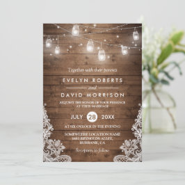 Invitación Rustic Wood Mason Jars String Lights Lace Boda