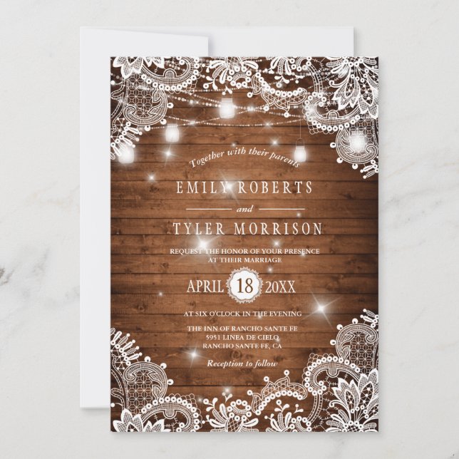 Invitación Rustic Wood Mason Jars String Lights Lace Boda (Anverso)