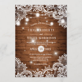 Invitación Rustic Wood Mason Jars String Lights Lace Boda
