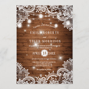 Invitación Rustic Wood Mason Jars String Lights Lace Boda