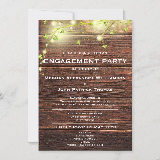 Invitación Rustic Wood Mason String Lights Engagement Party (Anverso)