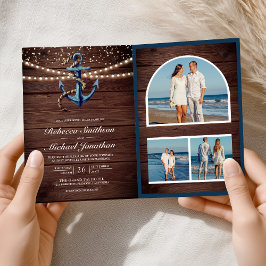 Invitación Rustic Wood Navy Blue Anchor QR Code Wedding