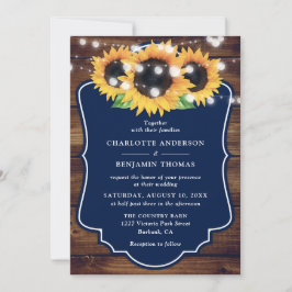 Invitación Rustic Wood Navy Blue Sunflower Wedding