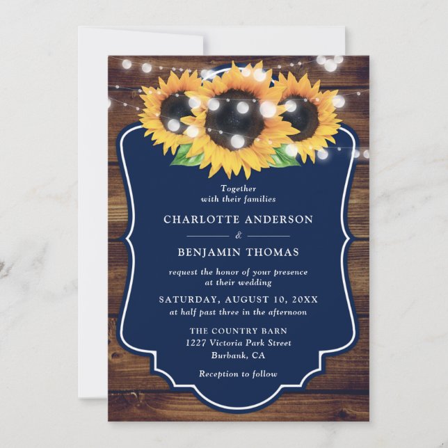 Invitación Rustic Wood Navy Blue Sunflower Wedding (Anverso)