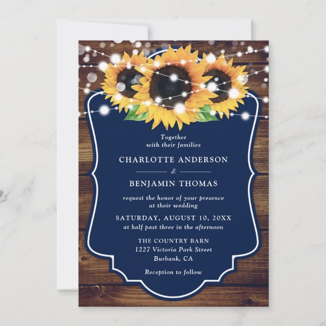 Invitación Rustic Wood Navy Blue Sunflower Wedding (Anverso)