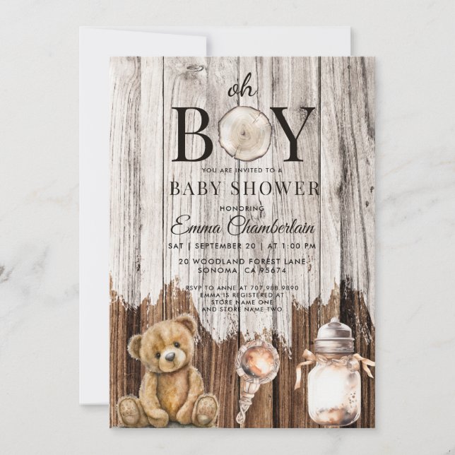 Invitación Rustic Wood Oh Boy Baby Shower (Anverso)