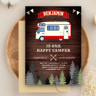 Invitación Rustic Wood One Happy Camper Primer Fiesta de cump