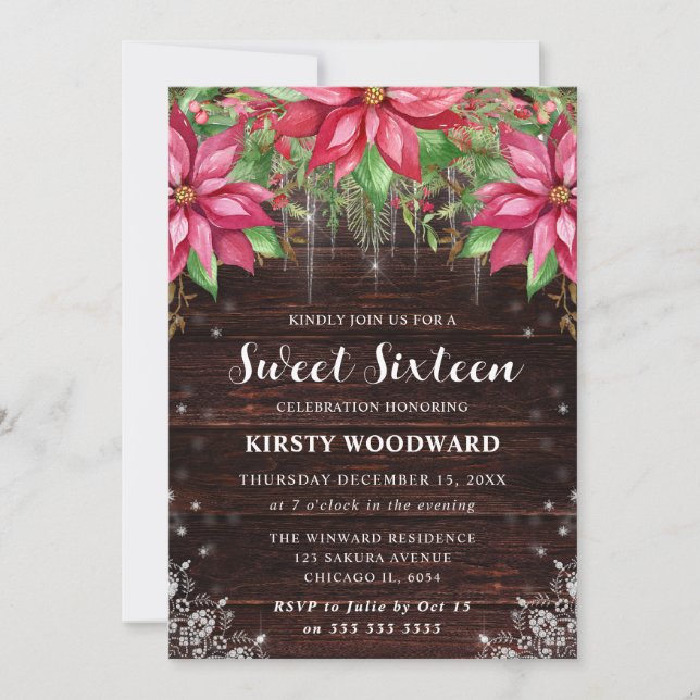 Invitación Rustic Wood & Poinsettia Sweet Sixteen (Anverso)