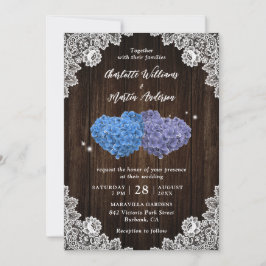 Invitación Rustic Wood Purple and Blue Floral Hearts Wedding
