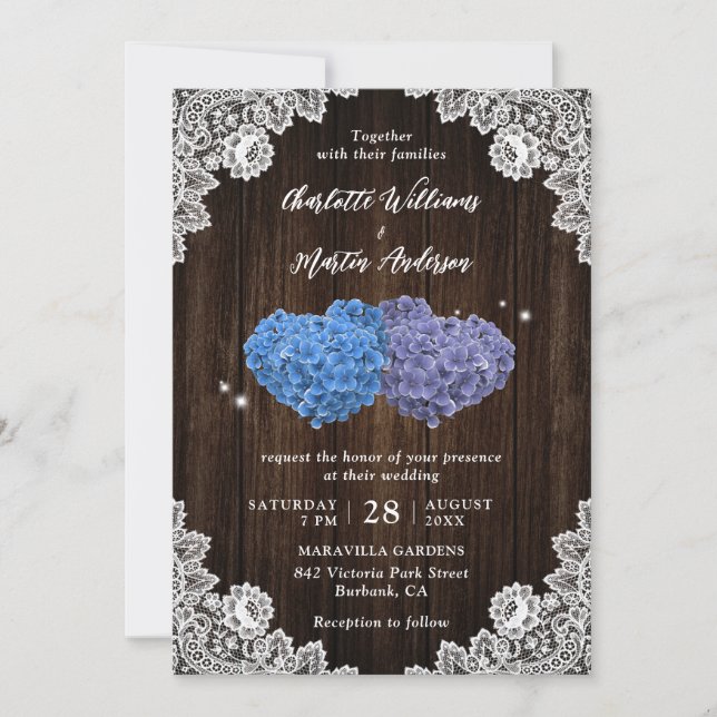 Invitación Rustic Wood Purple and Blue Floral Hearts Wedding (Anverso)