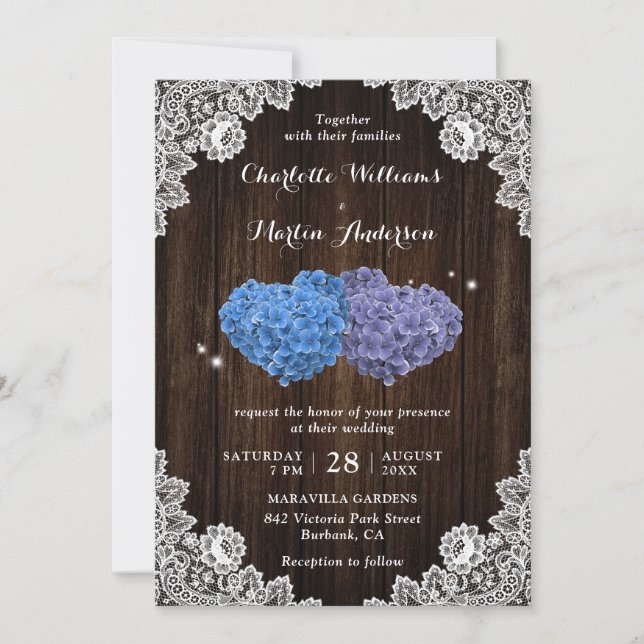 Invitación Rustic Wood Purple and Blue Floral Hearts Wedding (Anverso)