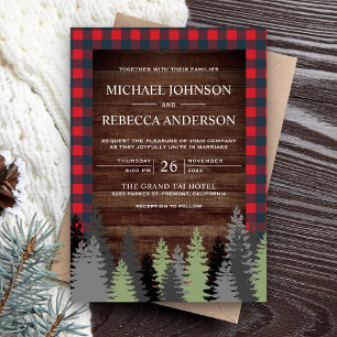 Invitación Rustic Wood Red Buffalo Plaid Evergreen Wedding