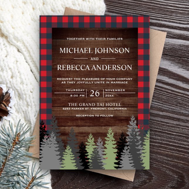 Invitación Rustic Wood Red Buffalo Plaid Evergreen Wedding (Subido por el creador)