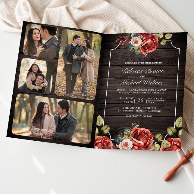 Invitación Rustic Wood Red Roses Floral Frame QR Code Wedding (Subido por el creador)