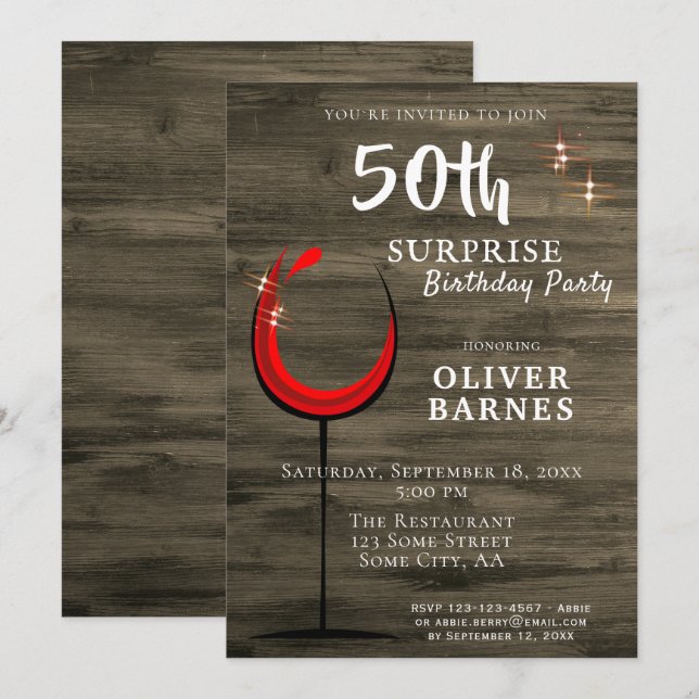 Invitación Rustic Wood Red Wine Surprise Fiesta de 50 Años (Anverso / Reverso)