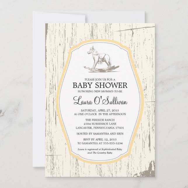 Invitación Rustic Wood Rocking Horse Baby Shower (Anverso)