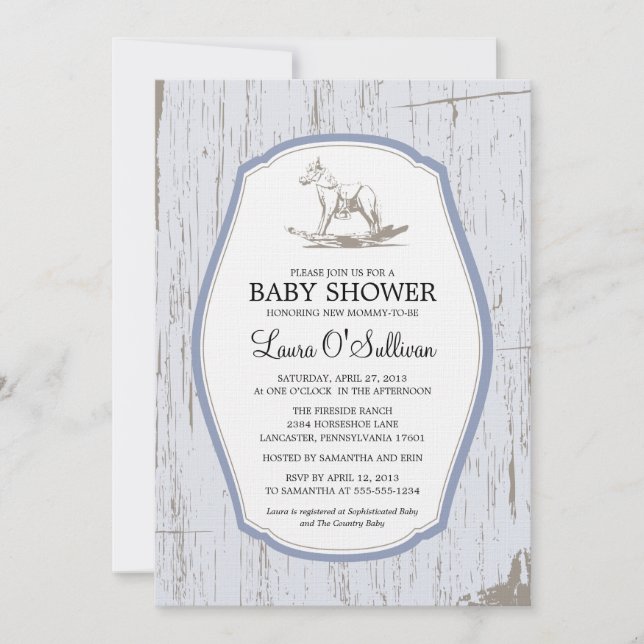 Invitación Rustic Wood Rocking Horse Baby Shower (Anverso)