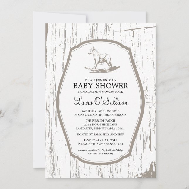 Invitación Rustic Wood Rocking Horse Baby Shower (Anverso)