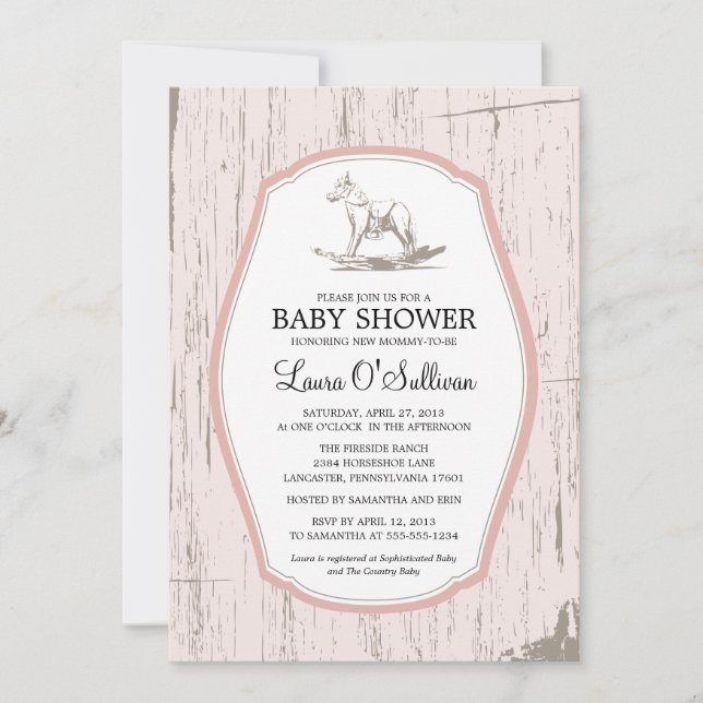 Invitación Rustic Wood Rocking Horse Baby Shower (Anverso)