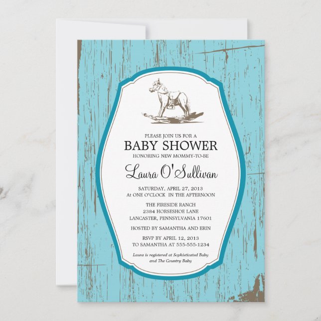 Invitación Rustic Wood Rocking Horse Baby Shower (Anverso)