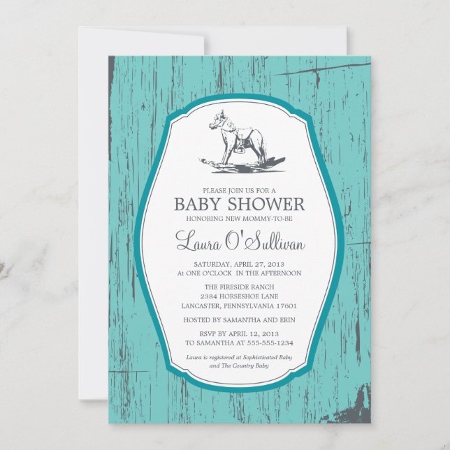 Invitación Rustic Wood Rocking Horse Baby Shower (Anverso)